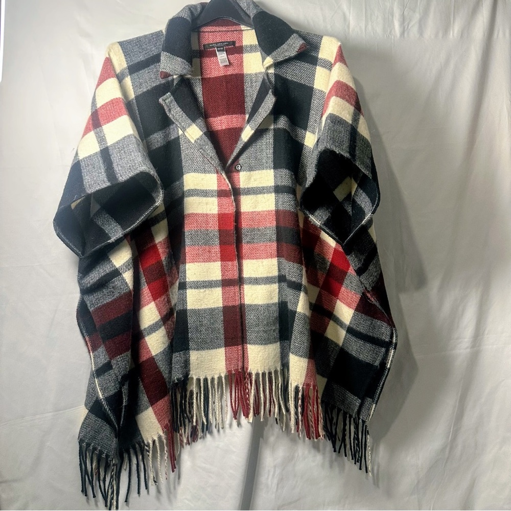 Marc New York Plaid Fringe Cape Coat in Wine, Black & Cream